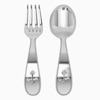 Sterling Silver Beaded Cross Baby Spoon & Fork Set by Krysaliis