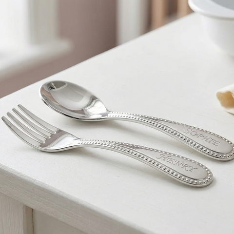 Krysaliis Beaded Design Silver Plated Spoon & Fork Set – Baby Keepsake