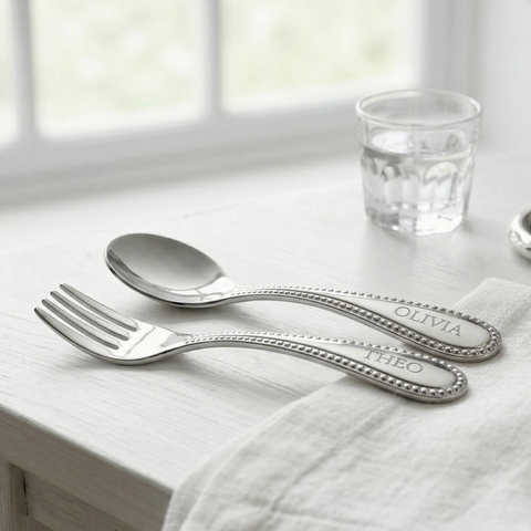 Krysaliis Beaded Design Silver Plated Spoon & Fork Set – Baby Keepsake