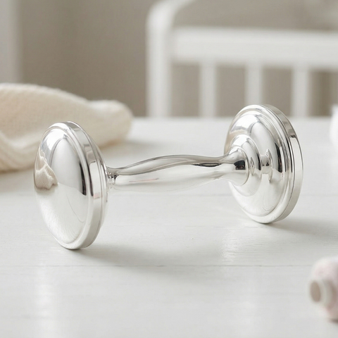 Classic Silver Plate Dumbbell Baby Rattle – Premium Newborn Gift