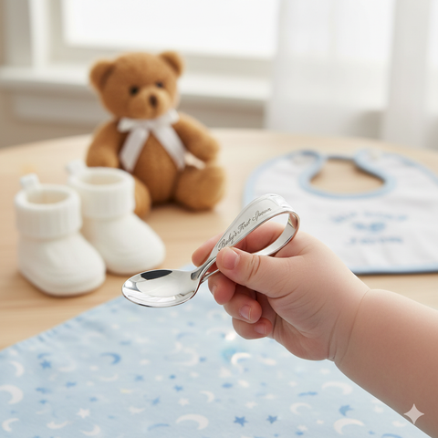 Krysaliis Curved Silver Baby Training Spoon – Ergonomic Sterling Silver Self-Feeding Spoon