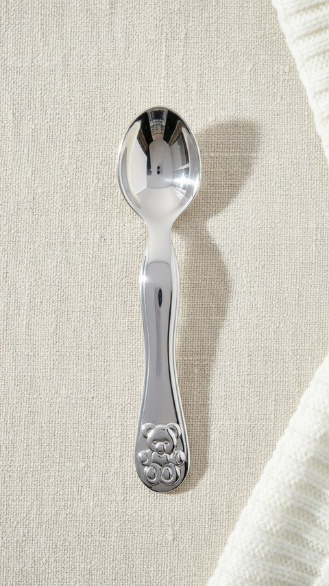 Krysaliis Teddy Silver Baby Feeding Spoon – Heirloom Gift Spoon for Newborn Ceremonies
